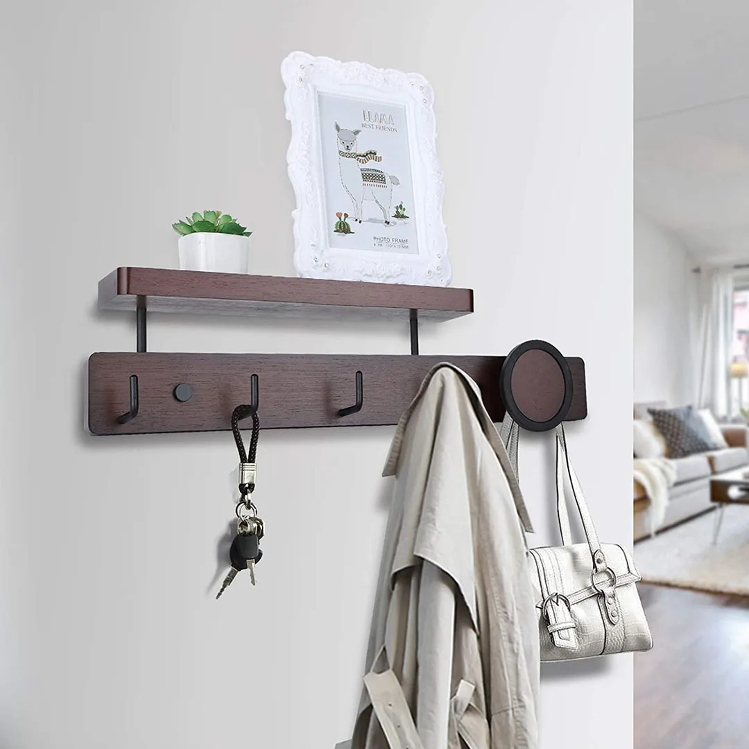 Hot selling Rustic Bamboo Floating Shelves Entrance Coat Rack with Shelf and 5 Hooks beauty supply store shelf