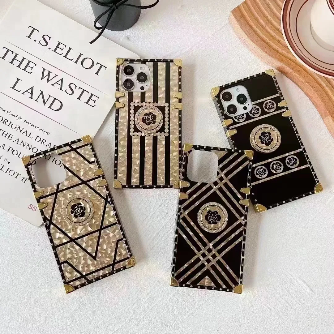 Luxury Plating Gold Rivet Camellia Flower Square Phone Cases For iphone 15 14 13 Pro Max With Phone Holder For Samsung S23 Ultra