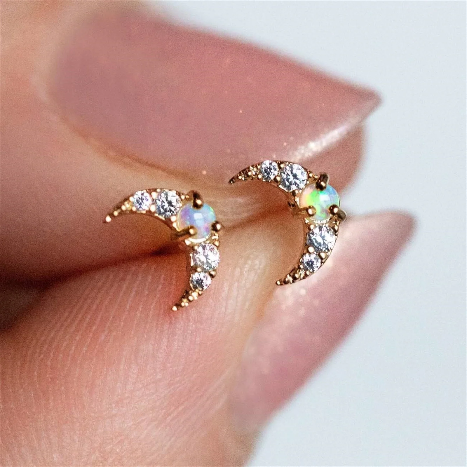 FUAMAY Branded Earring 2024 Mini Moon Moonstone Opal Stud Earrings Crescent Moon Earrings 925