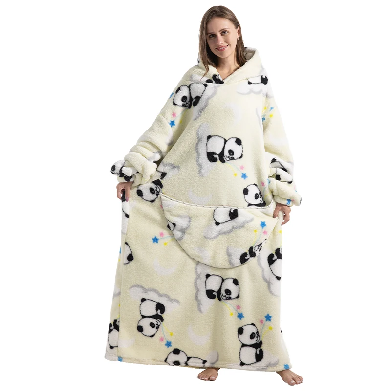 Original Factory Super Soft Warm Large Fleece Plush Panda Hoodie Blanket Tv Giant Blanket Hoodie Blanket With Sleeves