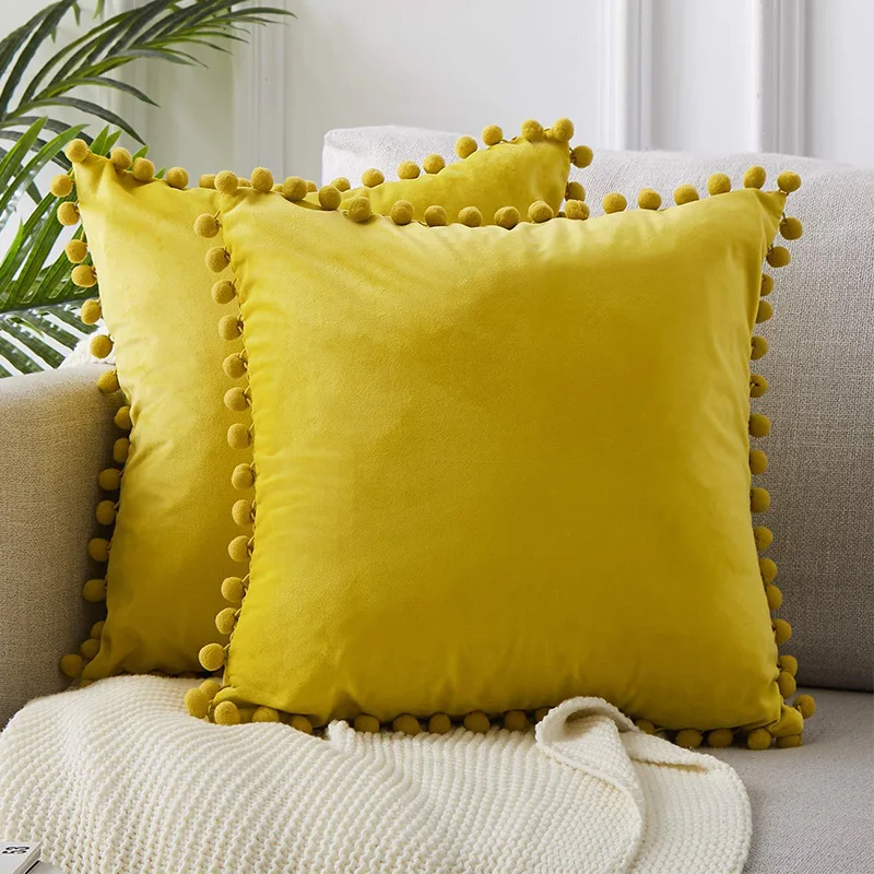 Home Decor Lemon Yellow Velvet Cushion Cover Macrame Pom Pom Decorative Throw Pillow Case 18x18 inch Throw Pillow Cover