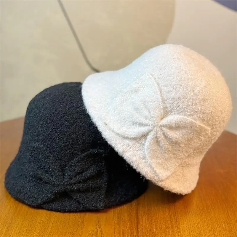 BESTELLA Custom Vintage Elegant Striped Fedora Beanies Adult Rolled Mother Winter Bucket Hats with Bowknot Lady Fleece Headwear