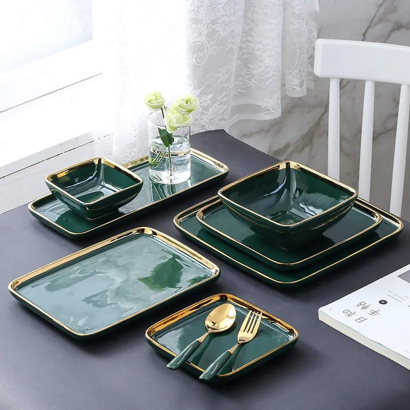 Malachite green ceramic tableware set creative western-style Dinner Plate Retro Phnom Penh Bowl and plate set