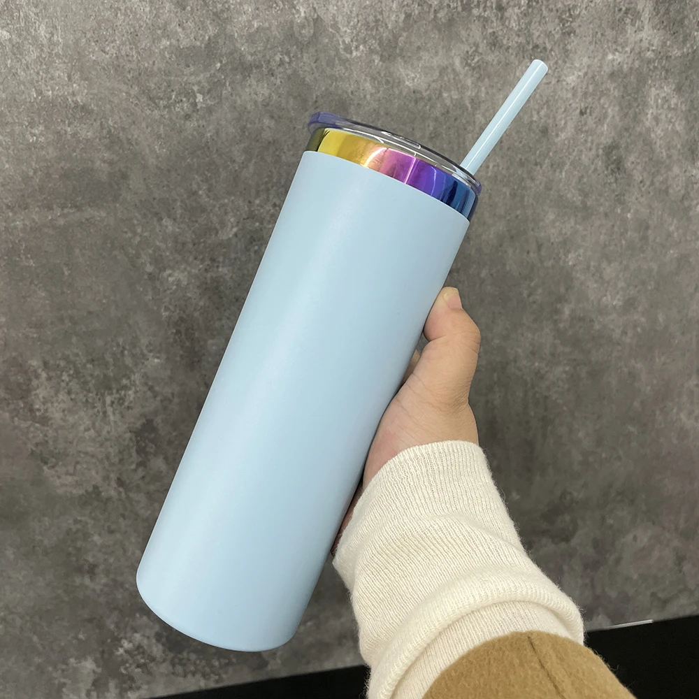 wholesale bulk double walled stainless steel powder coated 20oz rainbow plated skinny tumbler with slide lid for laser engrave