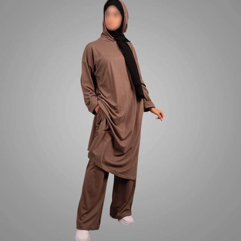 Newest Muslim Women Hoody Abaya Dress 2-Piece Set Basic Top With Pants Everyday Tunic Islamic Clothing Lady Blouse