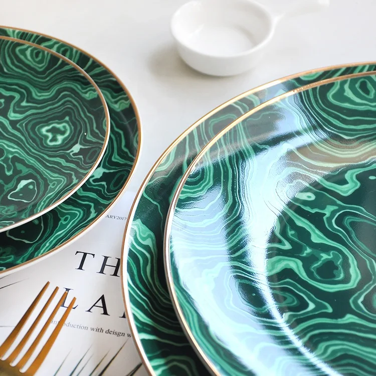 Factory made logo green fine bone china tableware elegant dinner plate