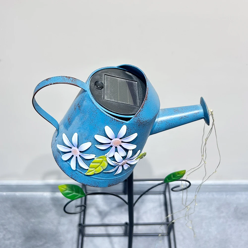 Outdoor Garden Metal Blue Kettle Stake with Micro Chain LED Solar Lights Watering Can Decoration Ornament