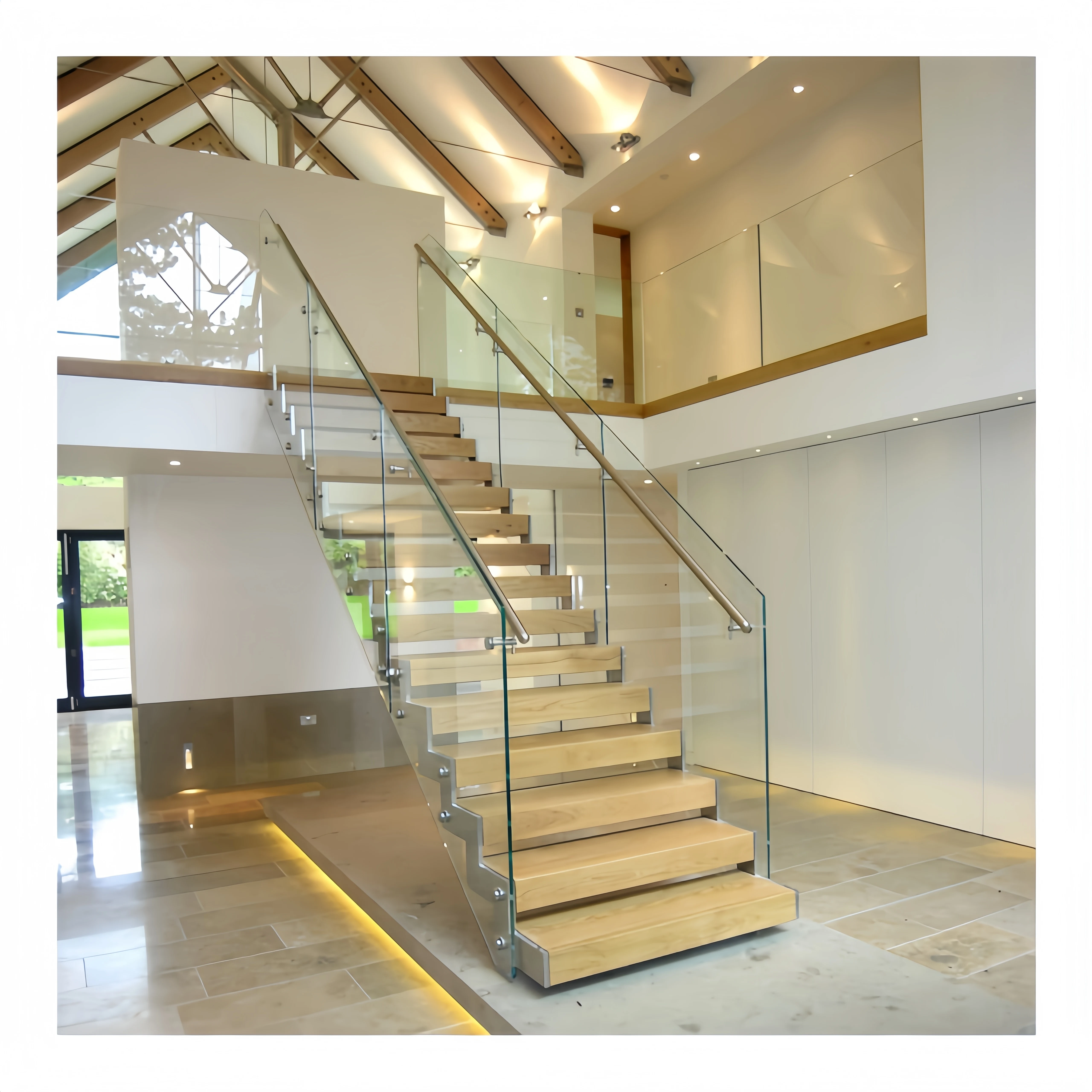 Tanlong modern glass staircase interior design wooden stairs treads indoor step stair
