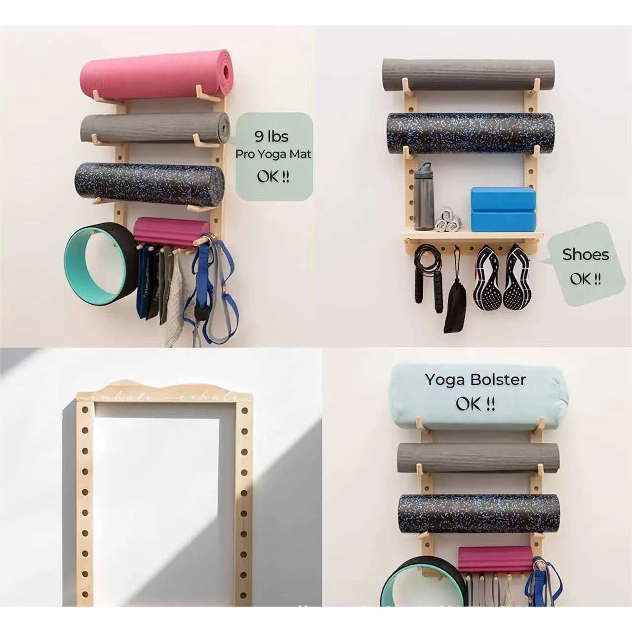Fully Customizable Yoga Mat Wall Holder Wood Yoga Mat Storage Rack with Shoe Hanger