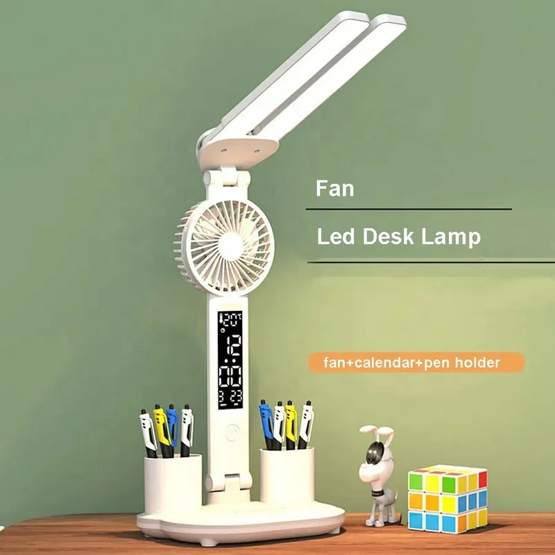New Design Eye-Caring LED Table Lamp Dual Head Reading Desk Lamp Folding LED Night Light With Fan Calendar Temperature Clock