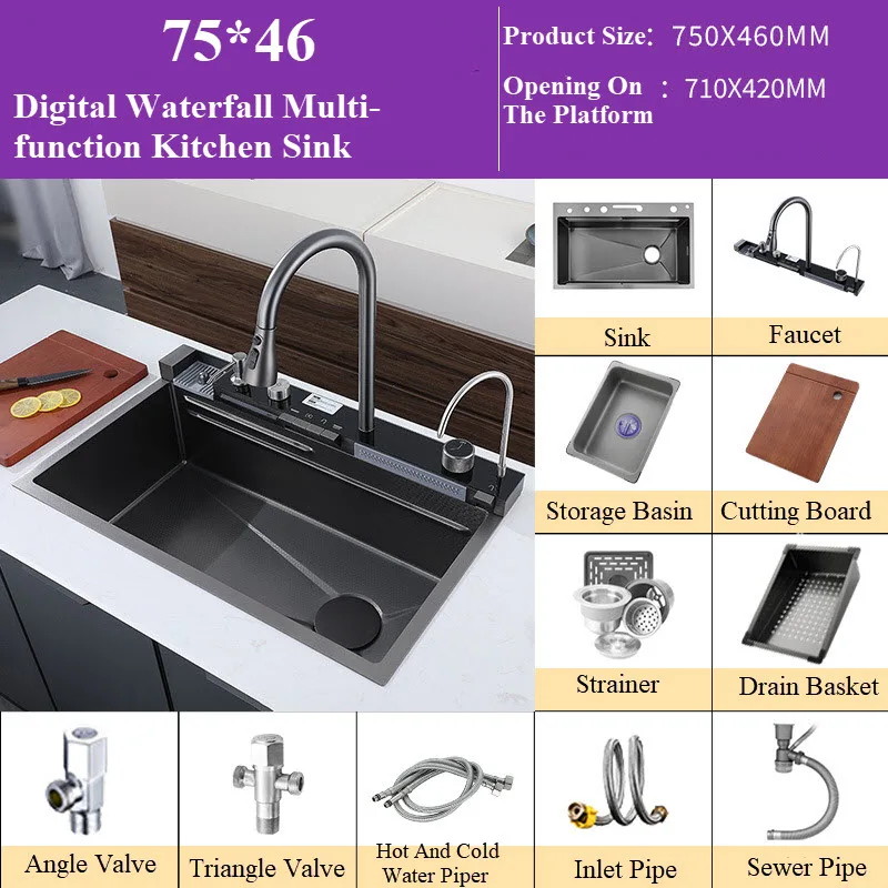 Роскошный стиль 304 нержавеющая сталь кухонная раковина с цифровым дисплеем водопад раковина