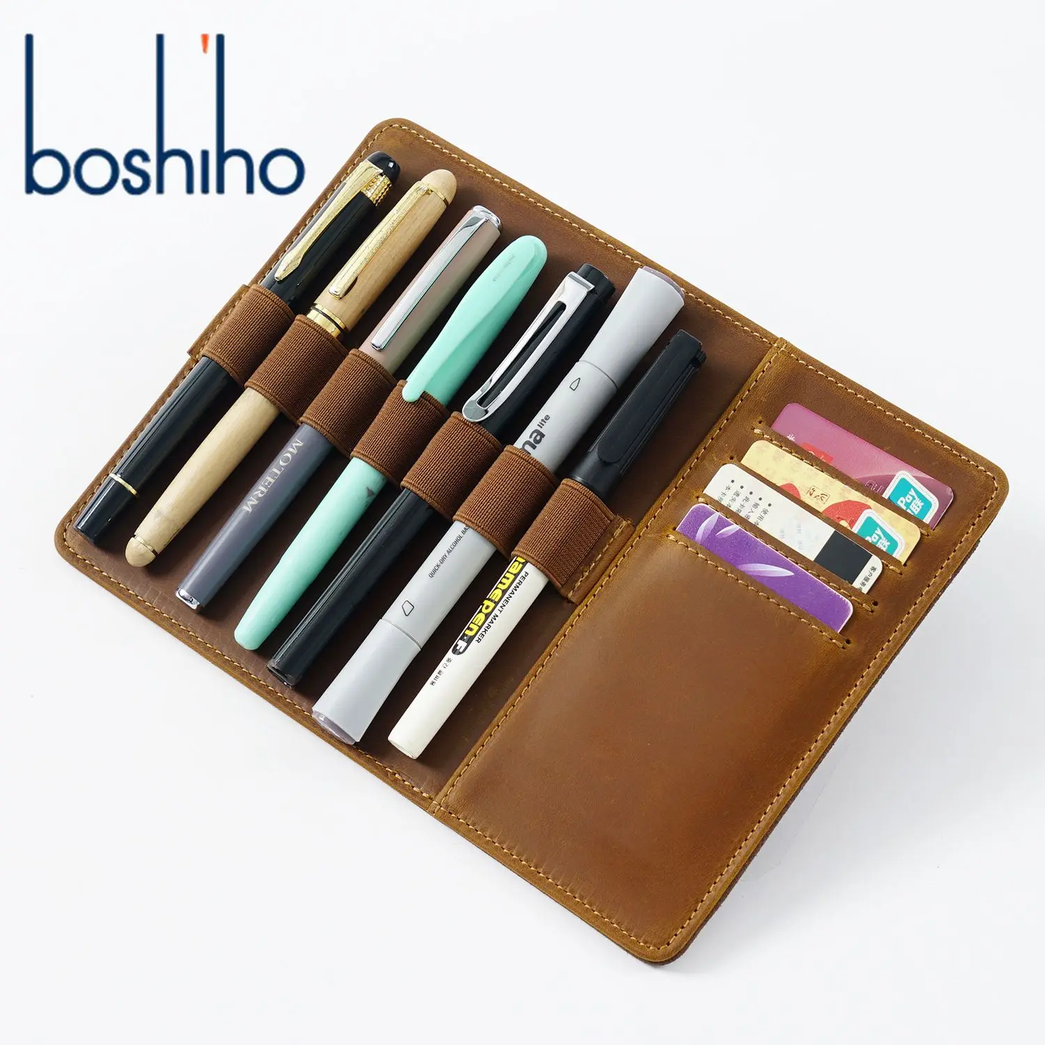 Large Capacity Storage Cowhide Genuine Leather Pencil Pen Pouch Bags Custom Credit Card And Pen Box With Card Holder
