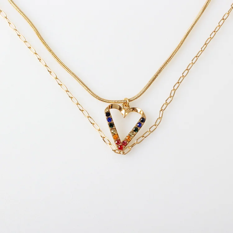 V&R Jewelry Juveloj Double Row Necklace Hear Pave Oval 18k Gold Plated Snake Chain Long Necklaces