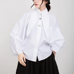 High Quality Autumn Retro Loose Lantern Sleeve Gemstone Bright Rhinestone Long Collar White Shirt