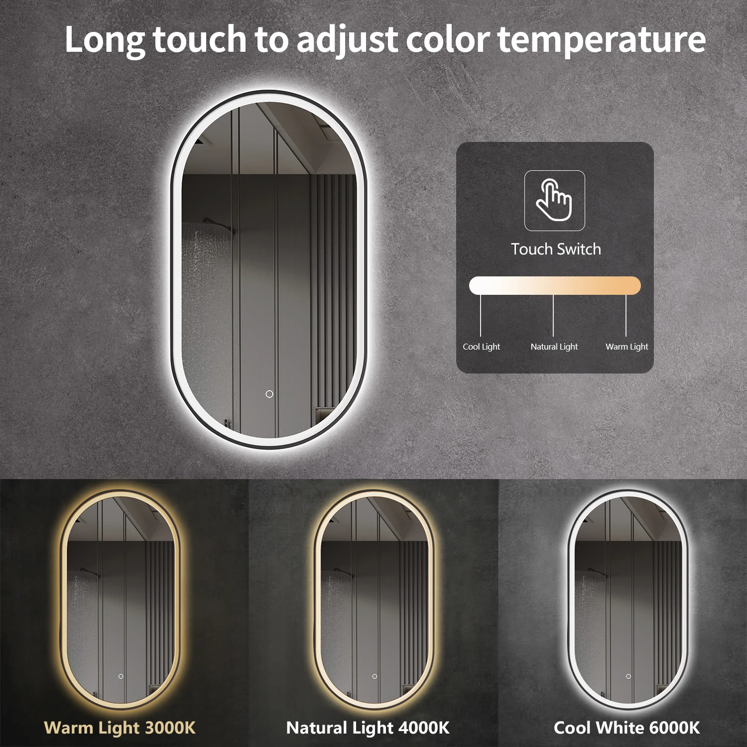 Wall-Mounted Oval LED Bathroom Mirror with Light Touch Screen for Bedroom Home Hotel Decorative Purpose