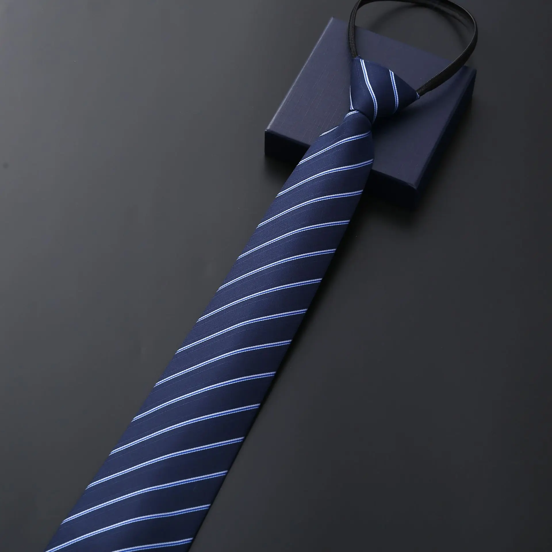 Men Business Formal Zipper Groom Wedding Blue Stripe Korean Style Black Lazy Tie