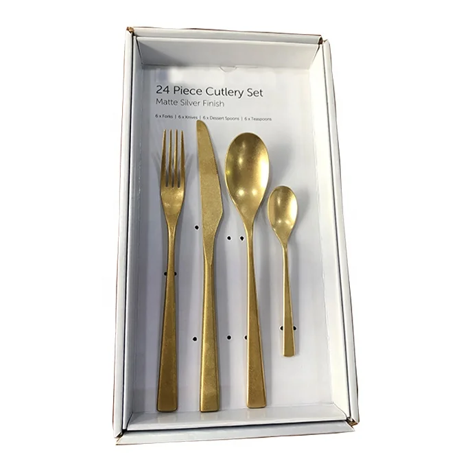 Wedding rental utensils 24 Pcs flatware set stainless steel dinnerware, rustic design gold plated silverware set with gift box