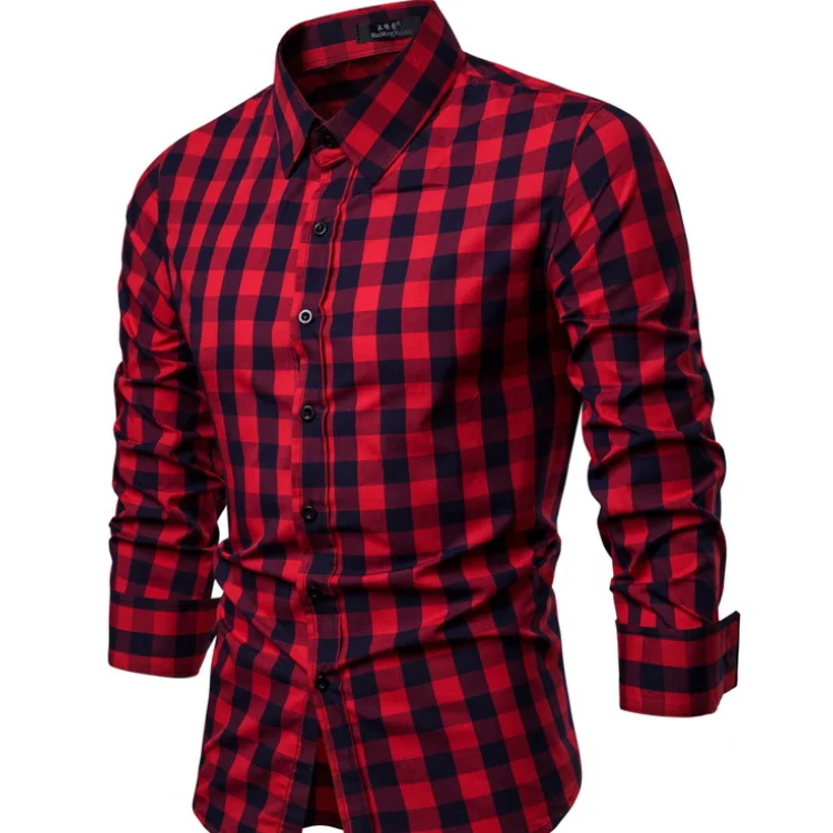 
Wholesale 65% Cotton 35% Polyester Regular Fit Long Sleeve Preppy Plaid Collar Shirt Man 