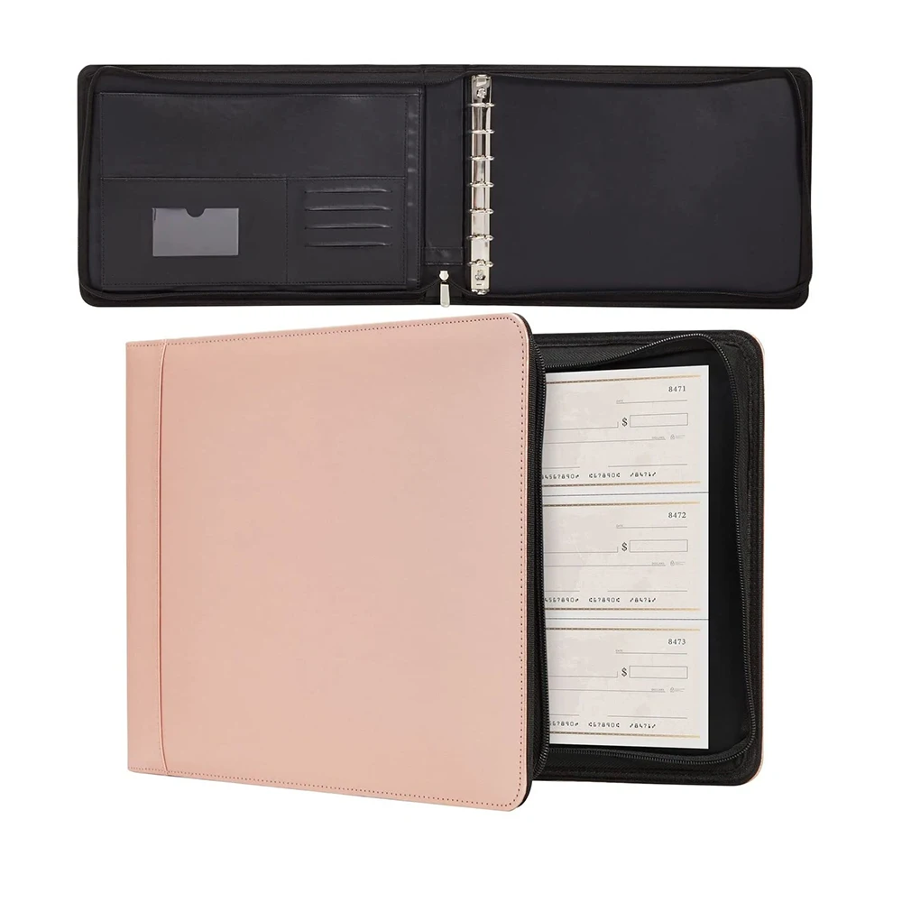 7 Ring Business Check Binder with Zipper PU Cover Check Registers for Personal Checkbook