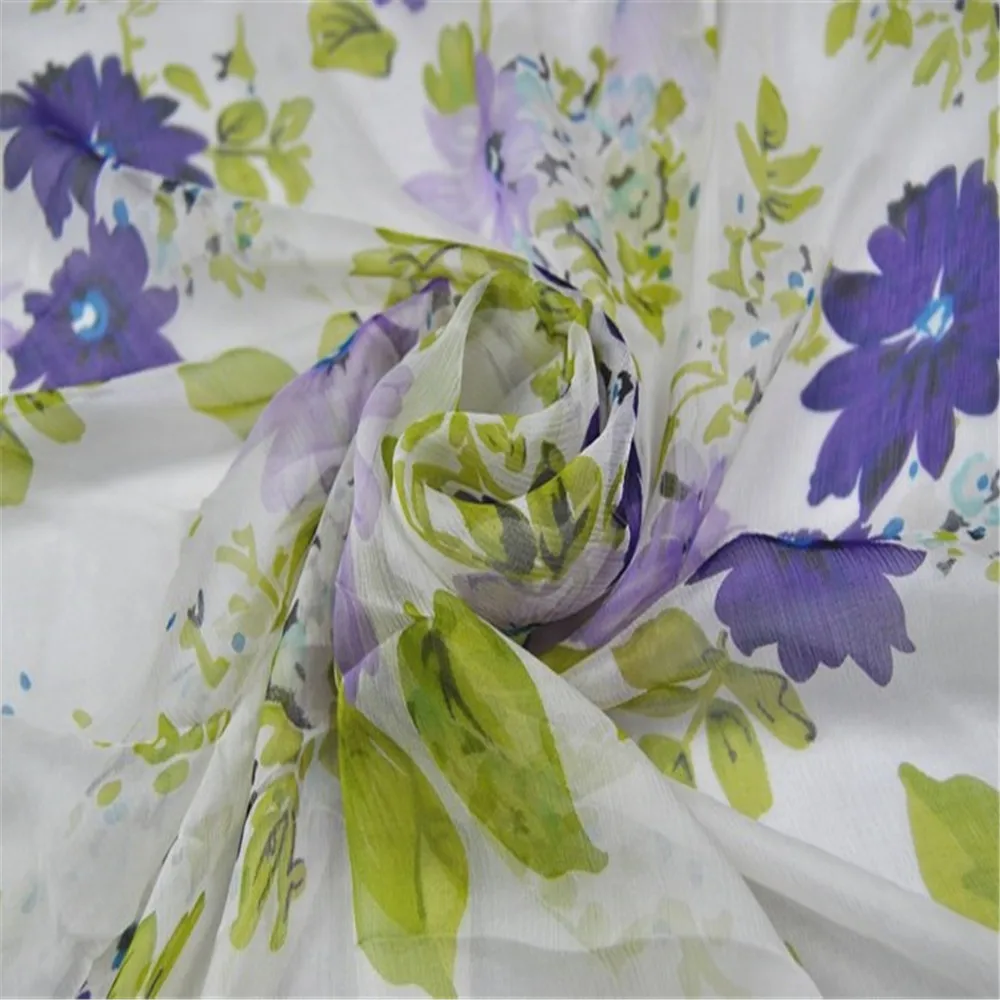 Transparent 100% Natural Silk Crinkle Chiffon Fabric in Light Color with Floral Print for Girl Summer Dress