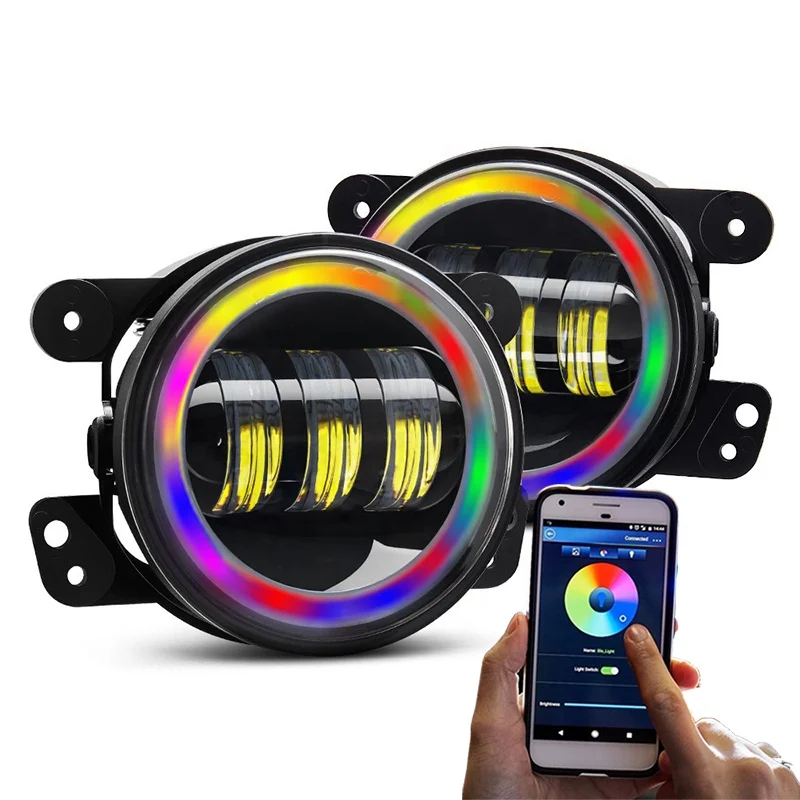 Wrangler JK Led Fog Light RGB Halo Smartphone App Controlled LED kit with White DRL + Amber Turn Signal
