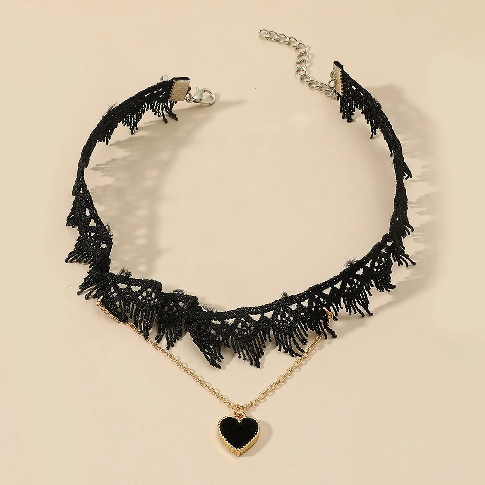 Punk Japanese Style Sexy Black Lace Gothic Double Heart Pendant Collarbone Chain Choker Necklace