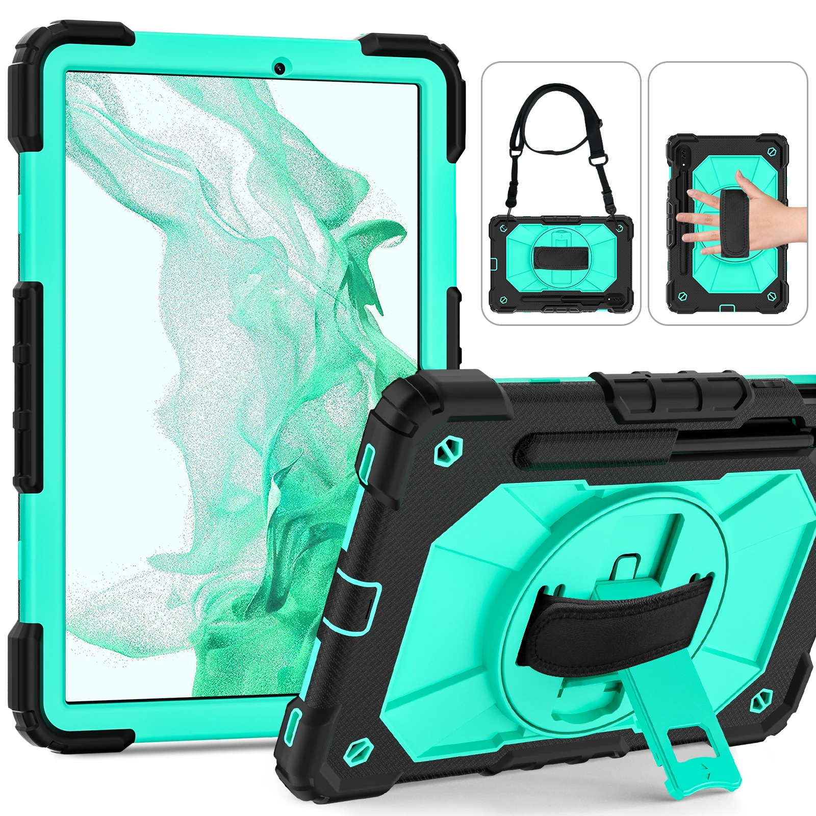 Full Body Hybrid Rugged Shoulder Hand Strap Heavy Duty Rotate Tablet Case For Samsung tab S8 plus 12.4 X800/X806 2022  A8 10.5