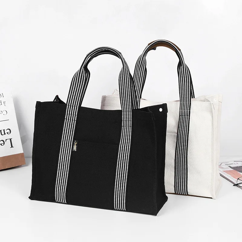 Large Capacity Square Canvas Tote Bag for Women Customizable with Striped Handle and Letter Pattern for Travel and Shopping