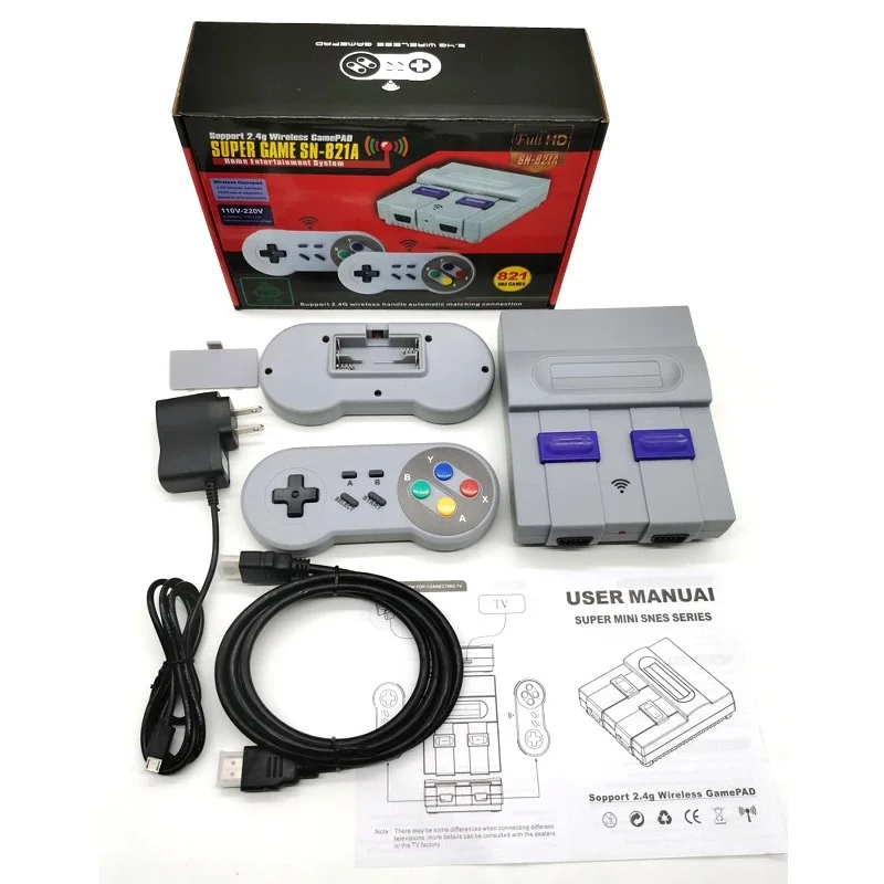 2021 Good selling Super Retro Game Console HD 821 Video Glassic Game For Sn es Game with 2 Wireless Gamepad Controller HD TV Out