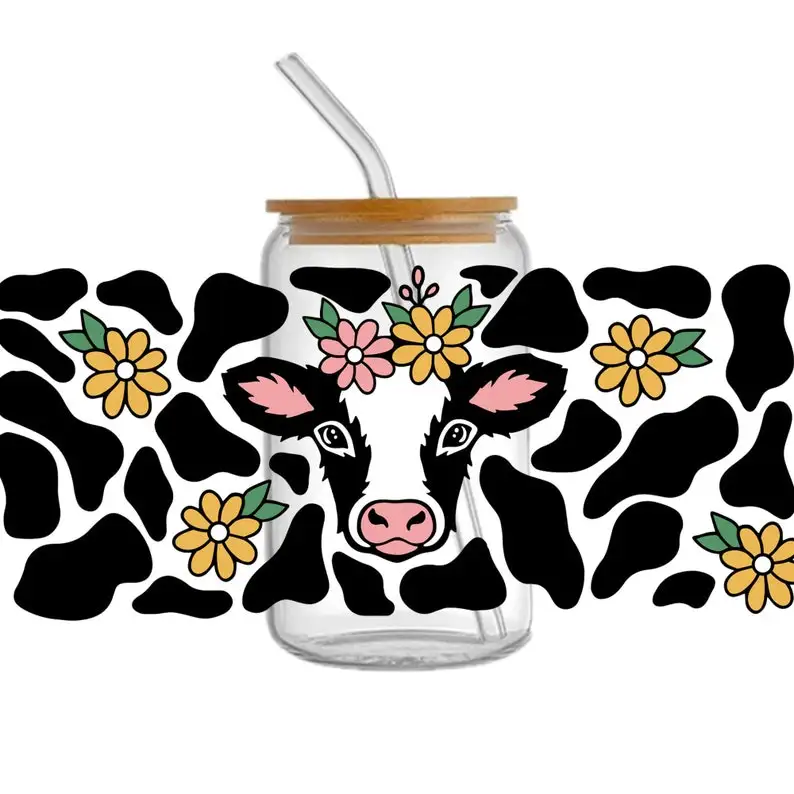 Wholesale Tumbler Transfer No Heat Needed Waterproof UV DTF Cup Wrap Transfers 16 oz Cow Pattern Sticker Label