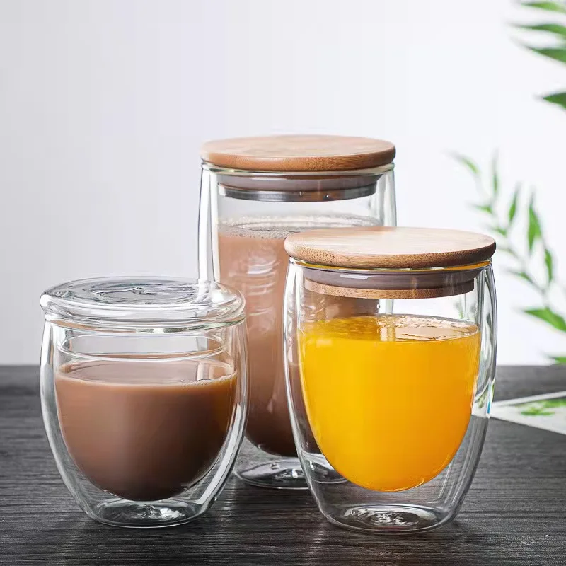250ml 350ml 450ml Unbreakable Drinking Water Double Wall Glass Cup Mug with bamboo lid Set