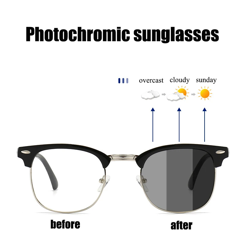 UV Protection Metal Square Frame Photochromic sunglasses for men women Sun shades
