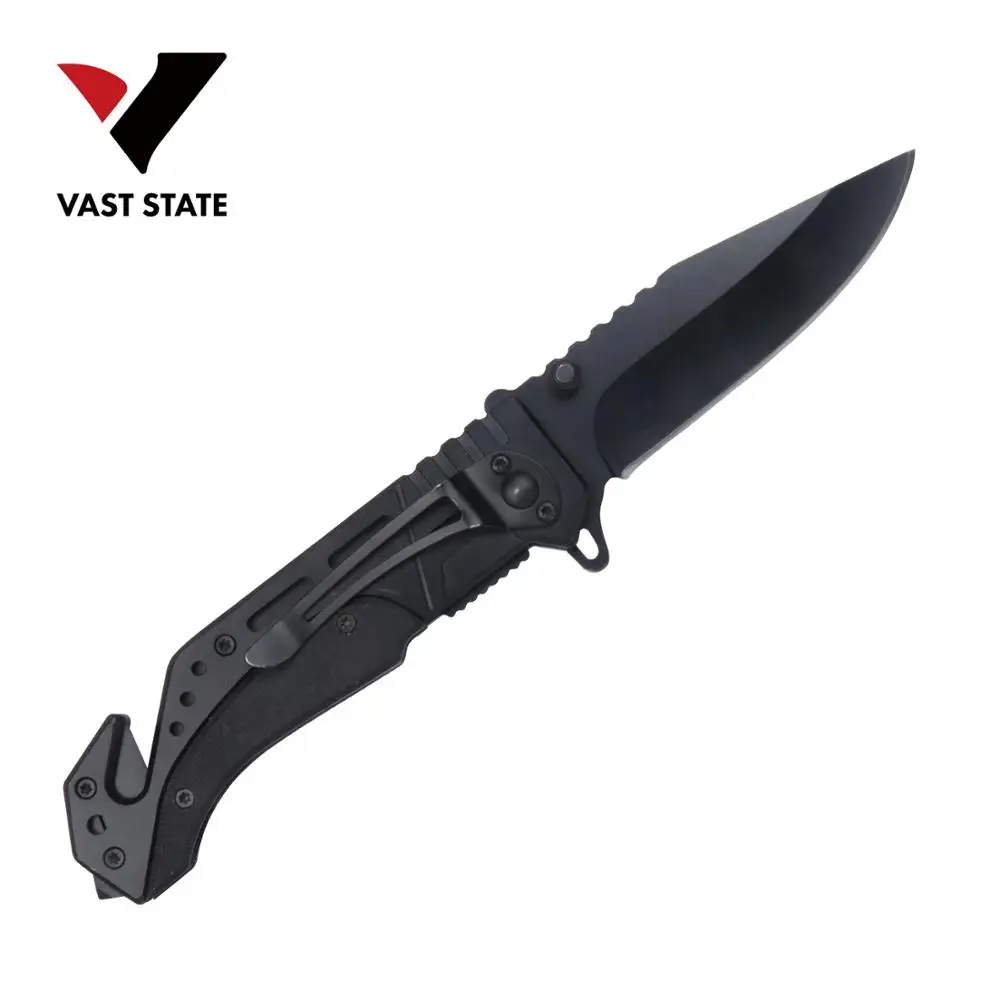 Black Rescue Tactical Folding Knife with Cutter and Glass Breaker