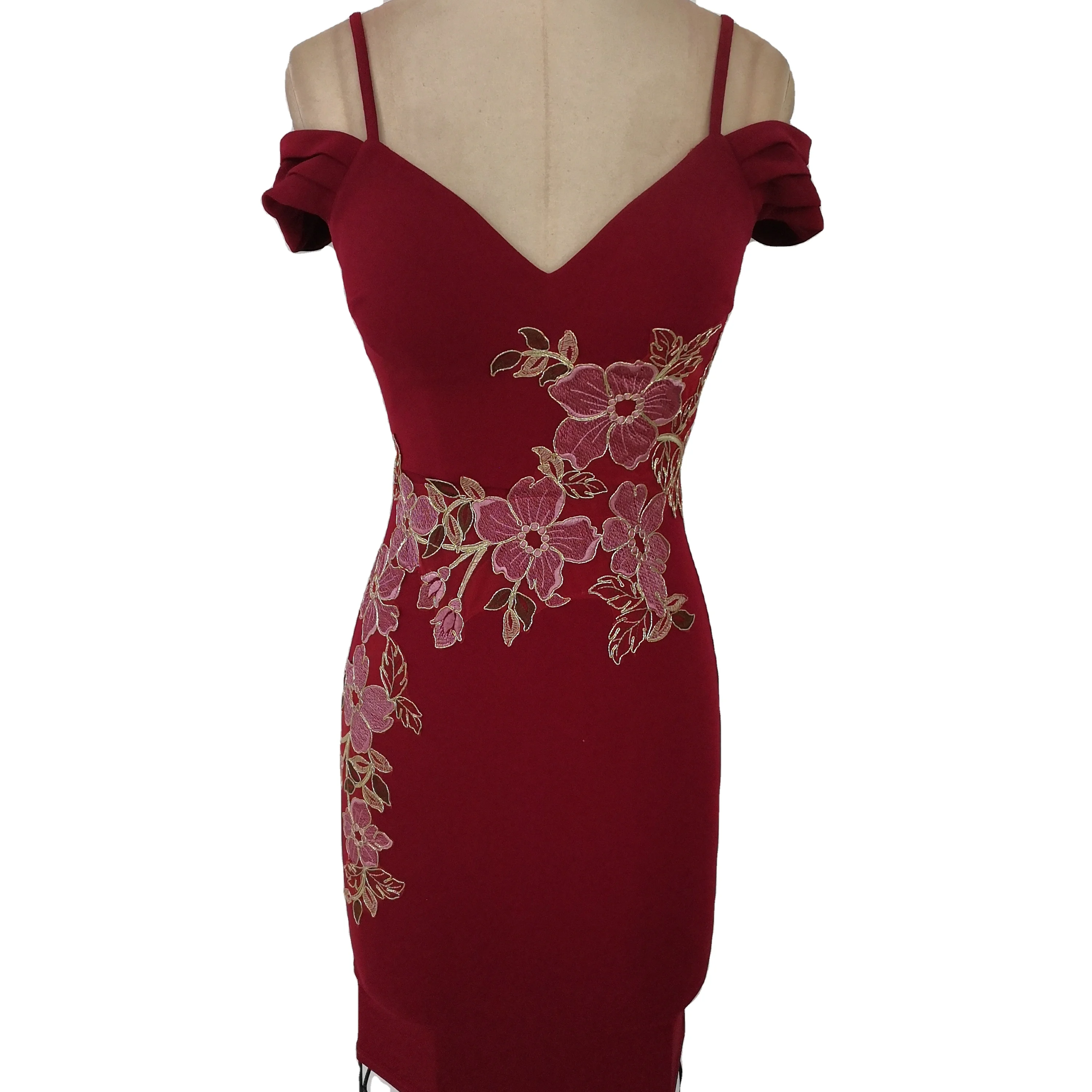 Off Shoulder Embroidery Patch Pattern Chinese Collar Dinner Long Floral Dresses For Ladies