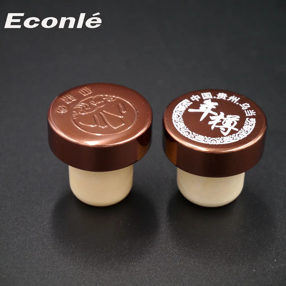 Logo printing aluminium top synthetic cork stopper 22.5*34.5 mm Liquor Whisky Wine Spirit Bottle Stopper bar top closure