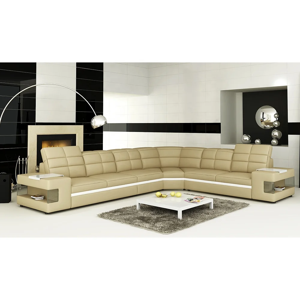 Lounge furniture family l shape cheap white and gold luxury genuine leather couch set living room sofa