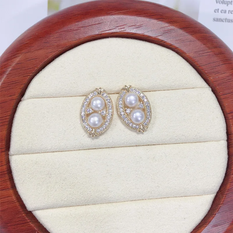 French Style 925 Sterling Sliver Needle Double Real Fresh Water Pearl Vintage Zircon Diamond Oval Studs Earrings For Women