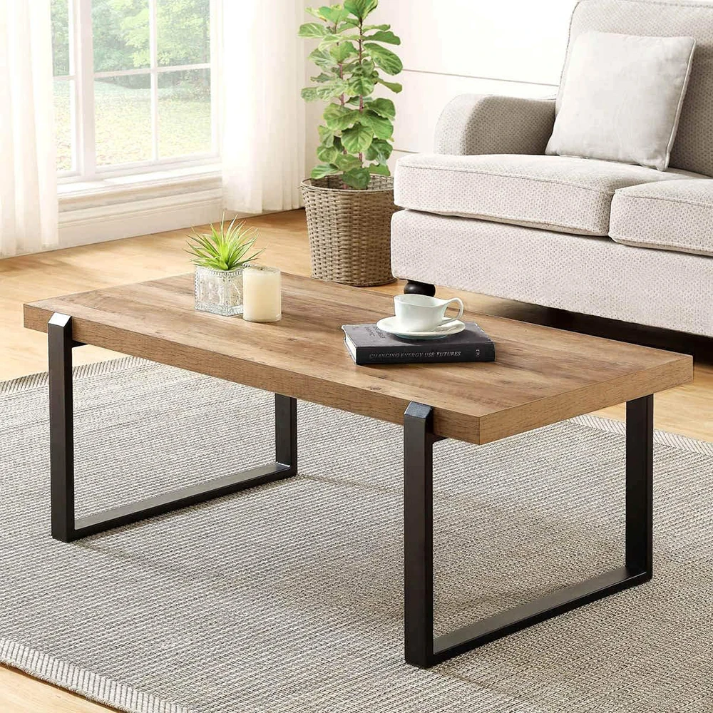 47 Inch Wood and Metal Industrial Cocktail Table Oak Rustic Coffee Table for Living Room