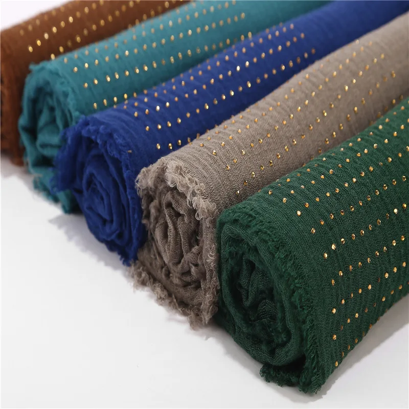 Wholesale Solid Large Soft Cotton Voile Hijab With Stones Muslim Women Crinkle Cotton Beaded Scarves