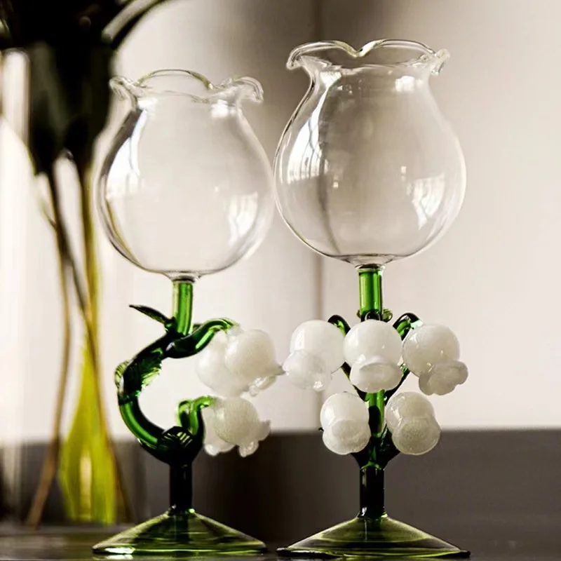 Drinkware Tableware wholesale customized coloured red wine glasses flower shape irregular stem goblet wine glass for party