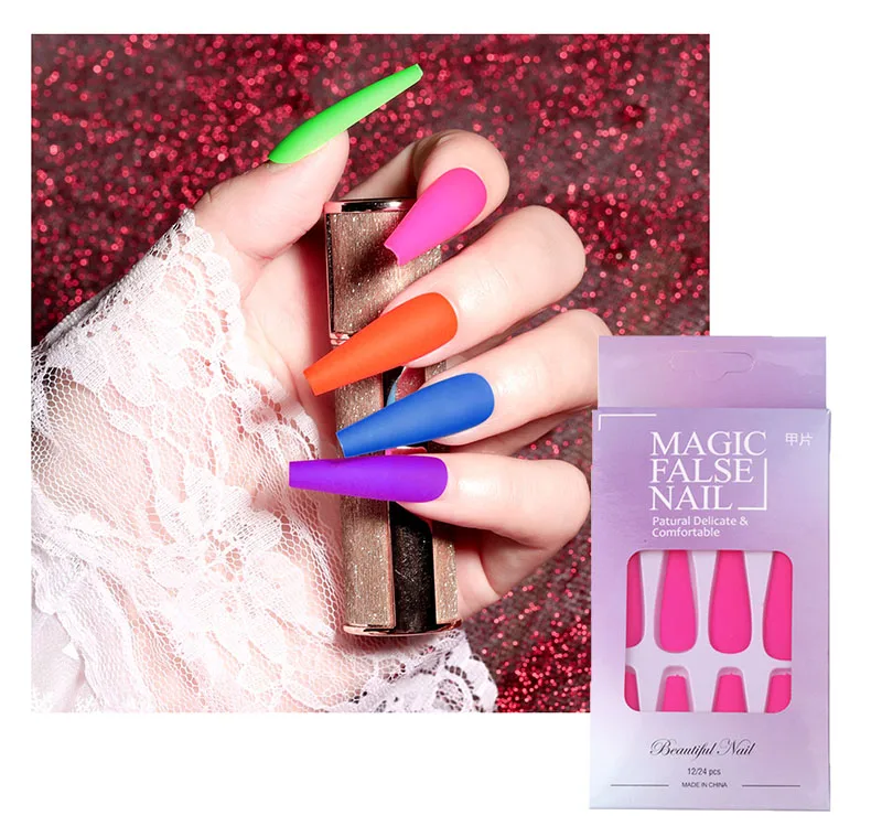 24Pcs Matte Luminous Extra Long Ballerina False Nails Tips Press on Coffin Full Cover Fake Nails