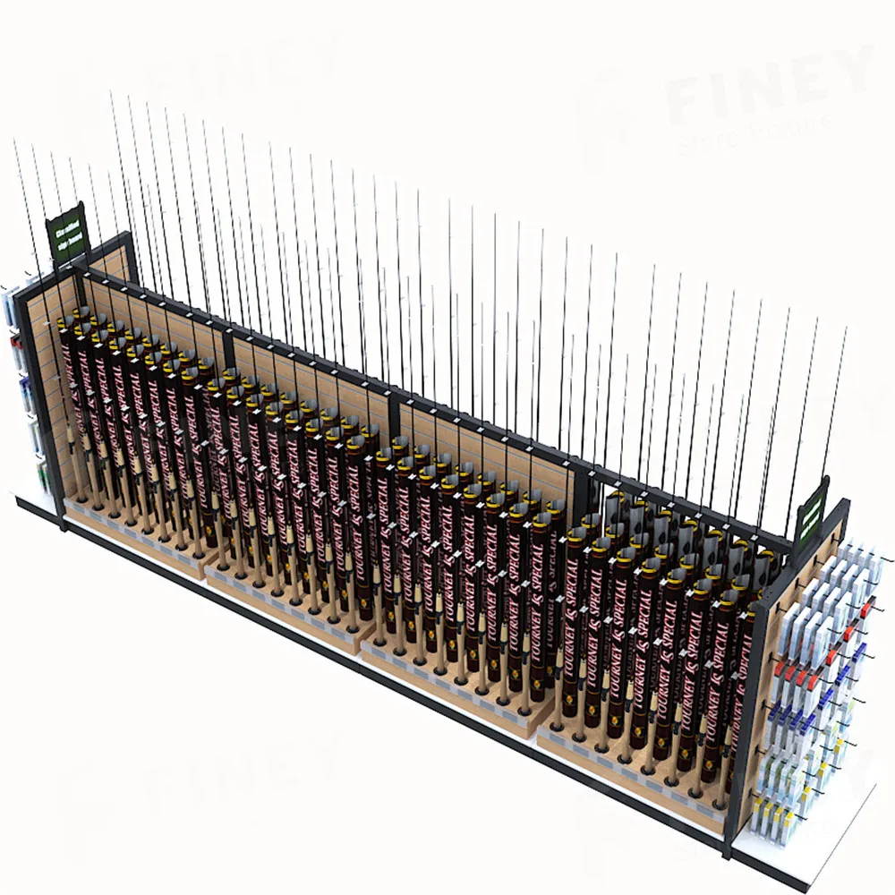 Modern Fishing Tackles Shop Interior Display Design Decoration Customized Wholesale Factory Price Wooden Fishing Rod Rack