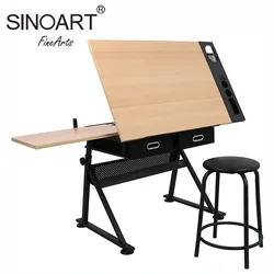 Height And Angle Adjustable Drawing Table Mdf Tabletop Drafting Table With Stool And Storage Drawer