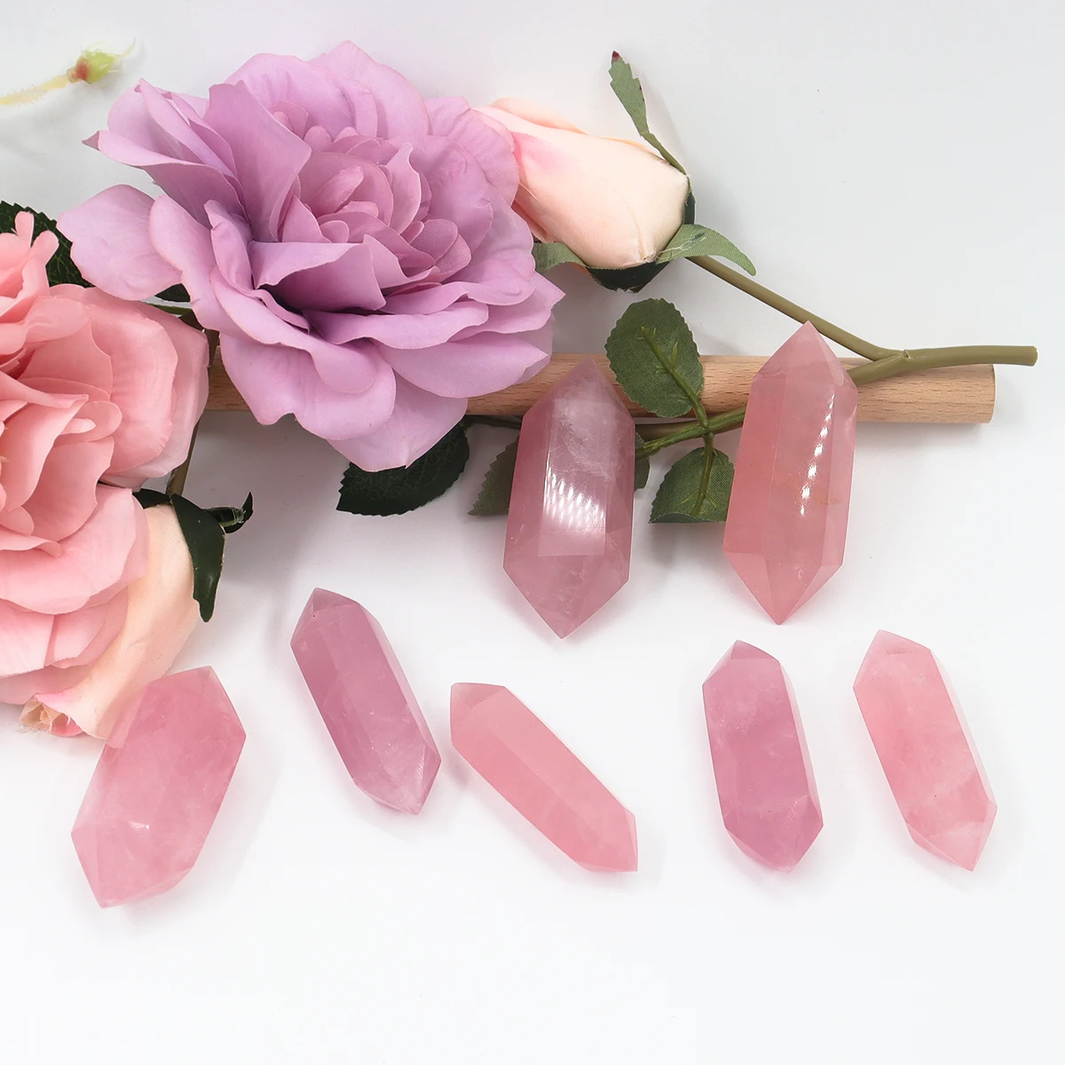 Оптовая продажа, высококачественный розовый кварц, натуральный розовый кварц с двойными окантовками, розовый кварц, двойная палочка