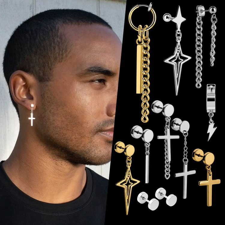 European Hot Selling Hip Hop Jewelry Wholesale Stainless Steel Gold Plated Hollow Cross Star Cross Stud Earrings Dangle Earrings