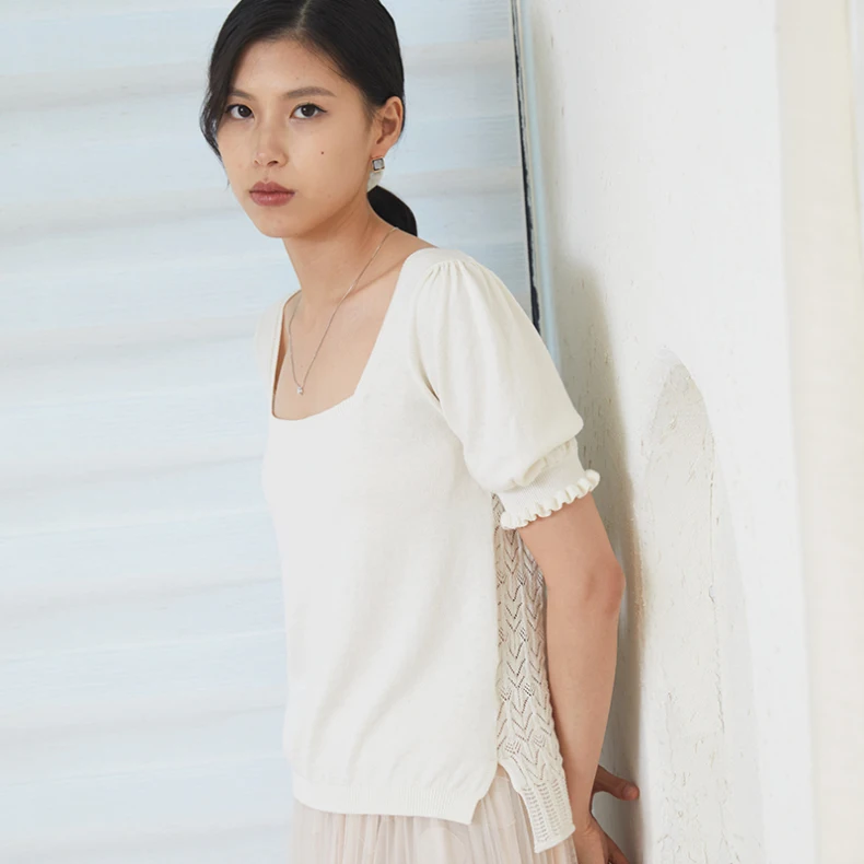 Square neck lantern sleeve T-shirt hollow out white