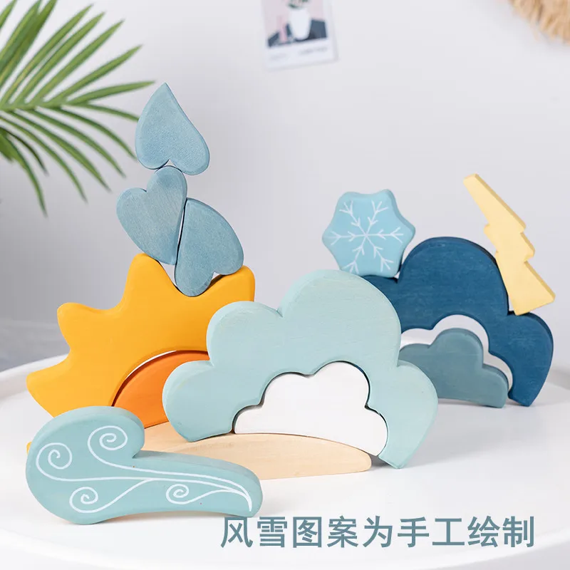 Kids Wooden Toys Weather Stacker Blocks Baby Creative Cloud Snow Sun Lightning Droplet Block Educational Toy
