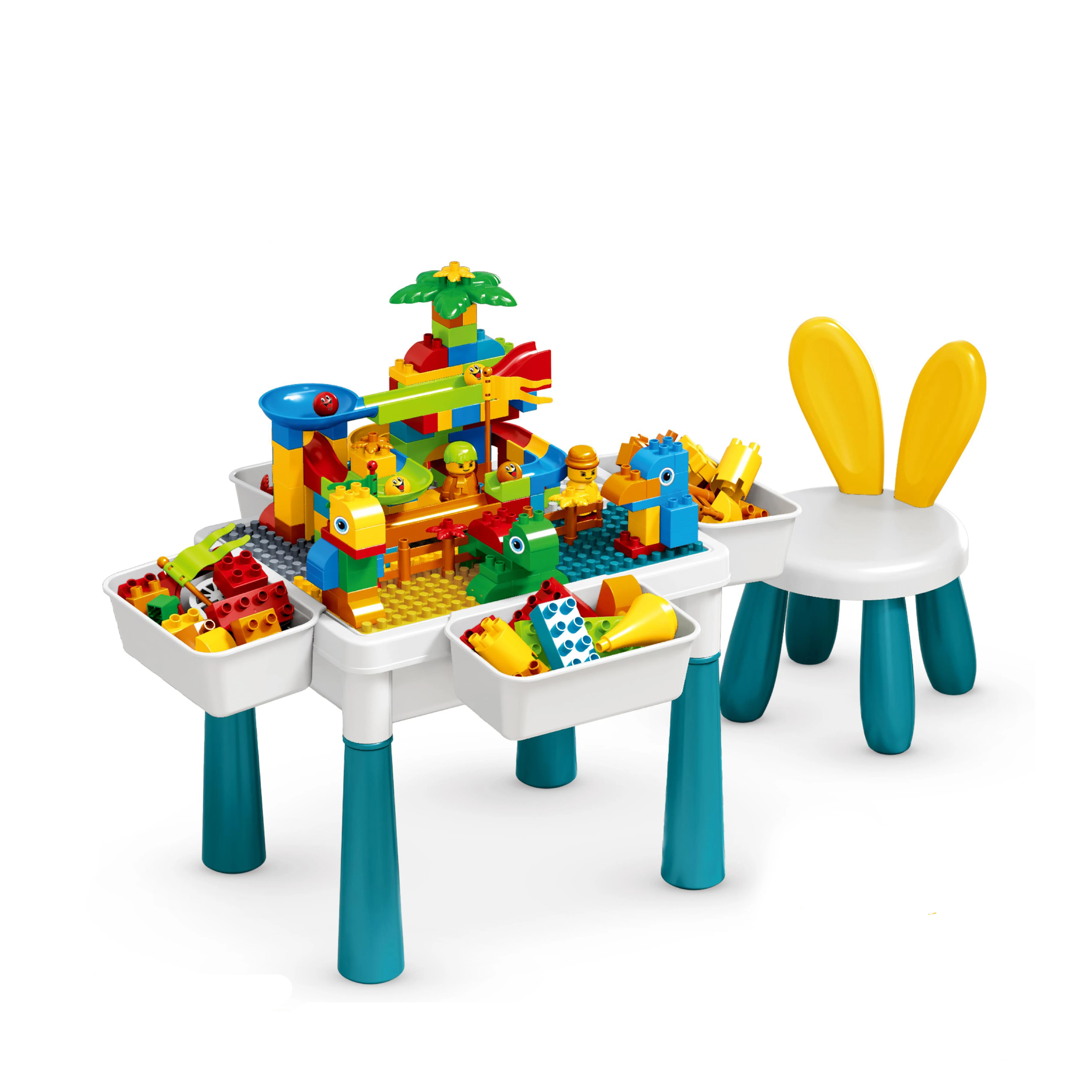 New design play house 2 in 1 child plastic activity study desk  DIY 105pcs bricks building blocks table with chair