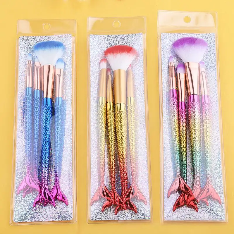 Soft Six Color Makeup Brush Soft Haired Mermaid Set Electroplated Nylon Hairs 4-pack PVC Bag