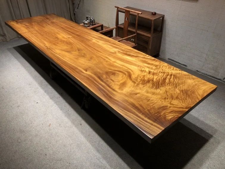 4 meter long straight dining table wood golden walnut wood slab